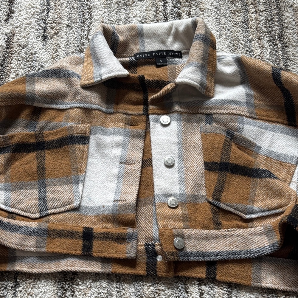 HYFVE Plaid Cropped Shacket in Brown and Cream - Picture 2 of 3